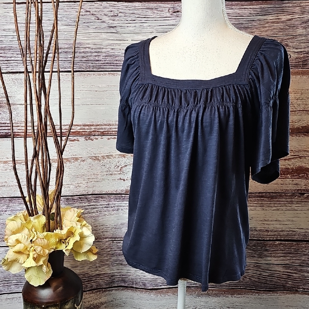 NEW CeCe NAVY BLUE FLUTTER SLEEVE SQUARE NECK PULLOVER TOP